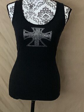 Black Tank Top with Rhinestone Cross Accent - Women